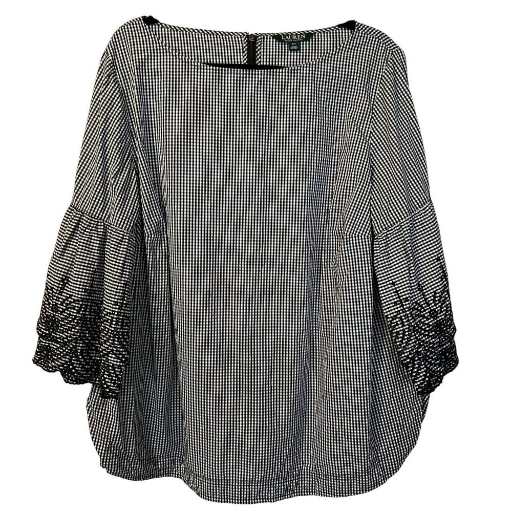 Lauren Ralph Lauren Black & White Gingham Blouse 2X Lace Bell Sleeves Classic